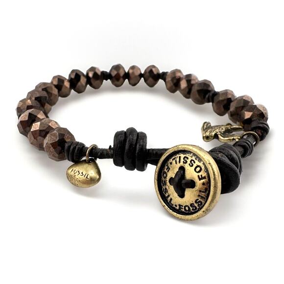 6.25” Fossil Leather Cord Brown Faceted Glass Bead Gold Tone Bird Charm Bracelet - Picture 1 of 5